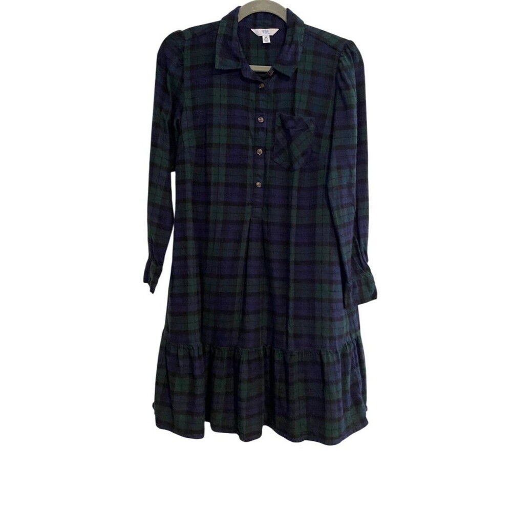 Time And Tru Women's XS Navy Green Shirt Dress Plaid Flannel Long Sleeve Y2K